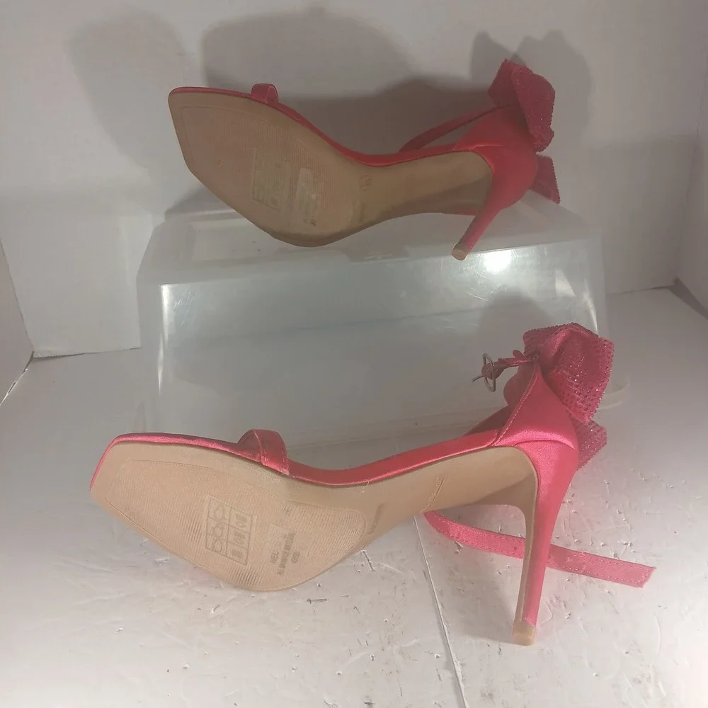 Anne Michelle Stiletto Sandals 8.5 Pink Rhinestone Bow Square Toe Barbiecore